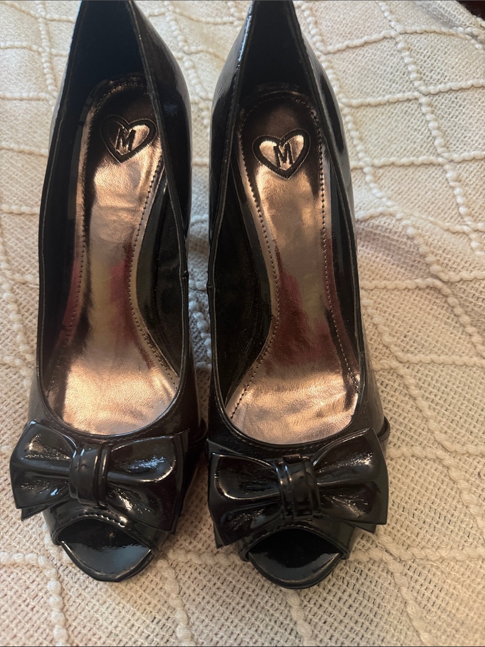 Madeline Black Patent Peep-Toe Pumps with Bow